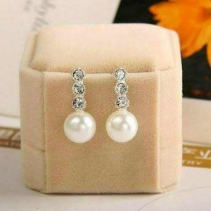 925 Sterling Silver Plated Pearl Drop Dangle Stud Earrings Gift Love Earring